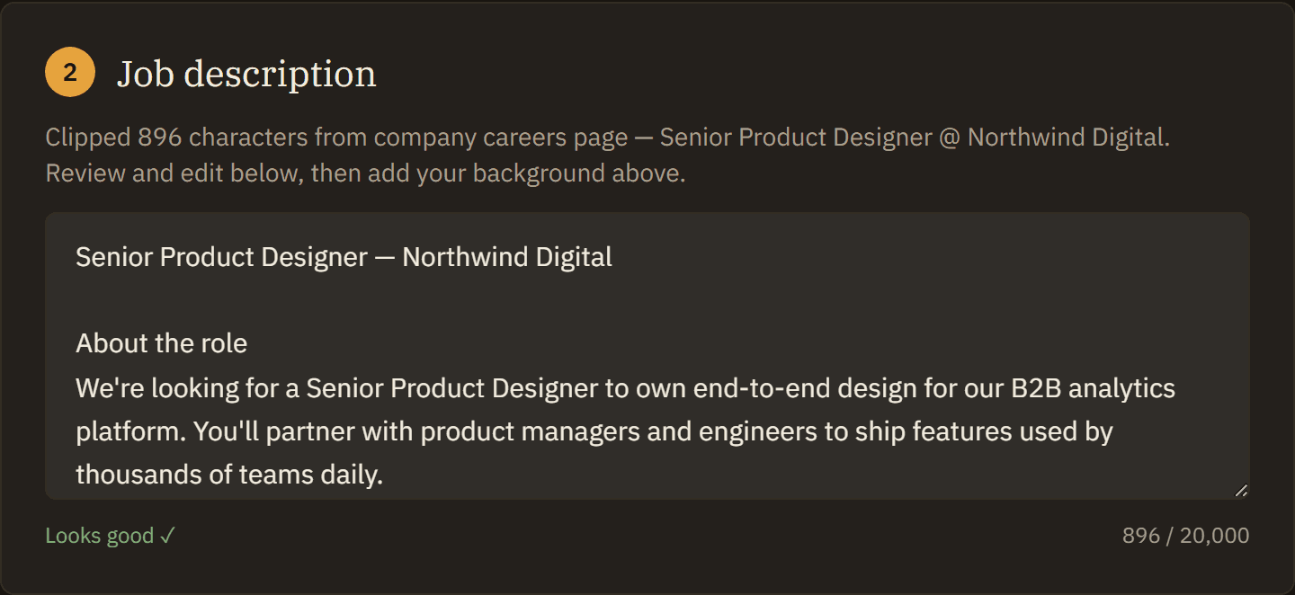 A clipped posting arriving on the New Resume page — the job description pre-filled, with a note confirming what was clipped